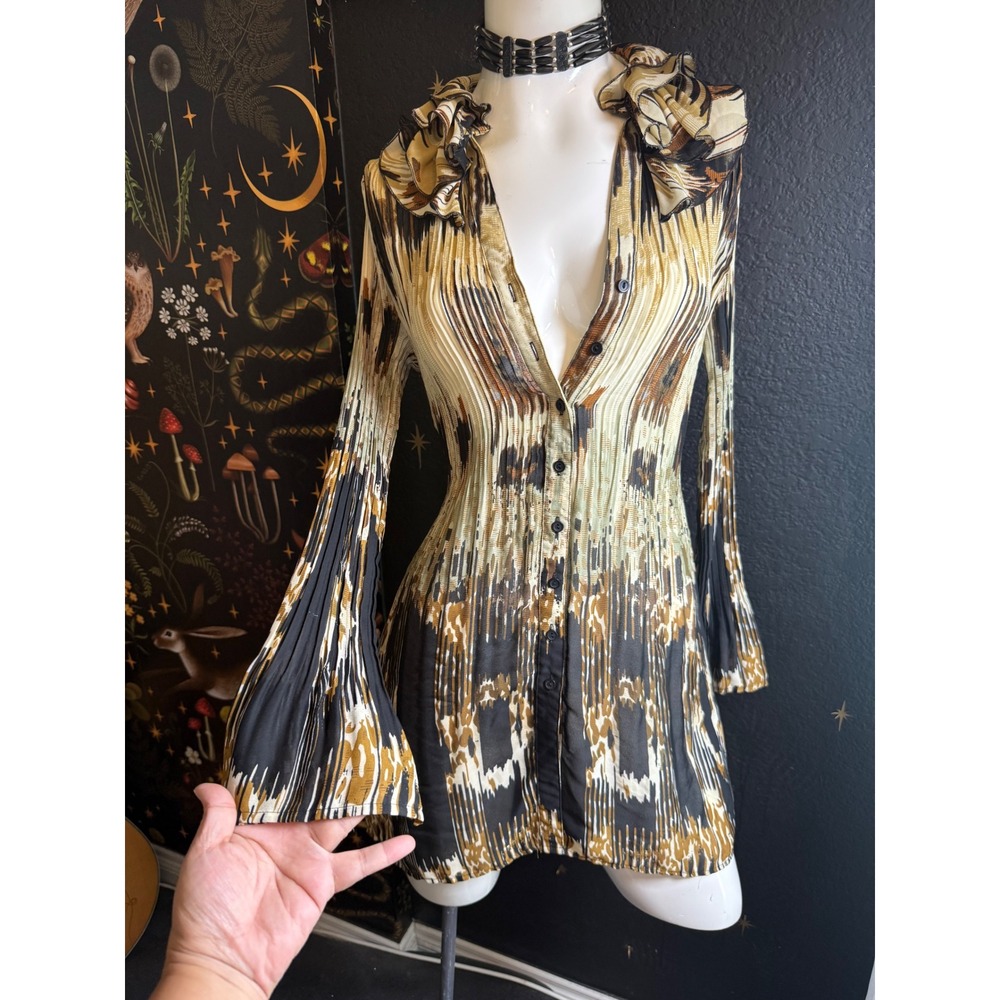 Sunny Leigh Pleated Tunic Top /drese Brown Gold Ikat Ruffle Collar Bell Sleeve